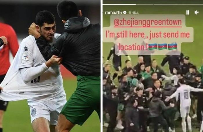 Tiền đạo Ramil Sheydayev (áo trắng, ảnh trái) "tích cực" tham gia ẩu đả, sau đó còn lên mạng xã hội thách thức CLB Chiết Giang