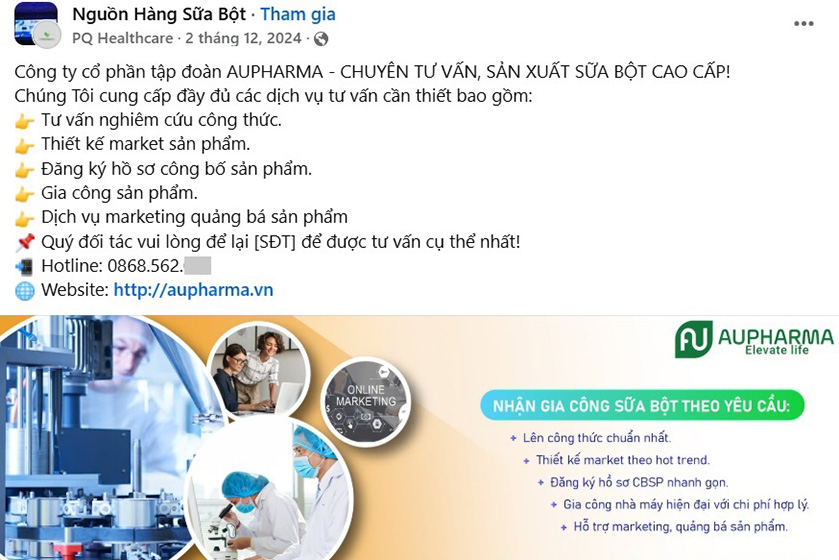 Công ty Cổ phần tập đoàn Aupharma đăng tải nhiều bài viết nhận cung cấp trọn gói các dịch vụ làm sữa bột để kinh doanh. Ảnh: NHÓM PV