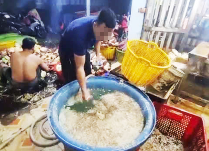 Hoa chuối được ngâm trong các thùng hóa chất để tẩy mủ, làm trắng. Ảnh: Công an cung cấp
