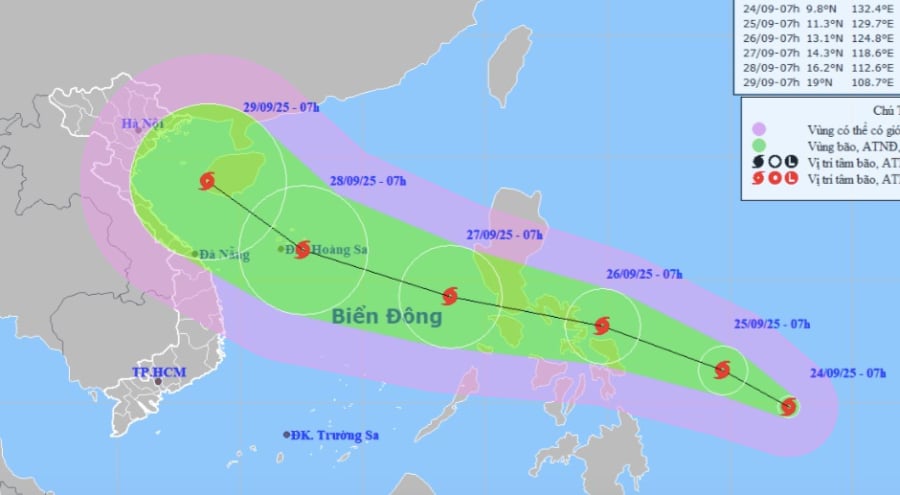 Hồi 7 giờ sáng 24-9, tâm bão Bualoi ở khoảng 9,8 độ Vĩ Bắc; 132,4 độ Kinh Đông, sức gió mạnh nhất cấp 9 (75–88 km/giờ), giật cấp 11. Bão di chuyển theo hướng Tây Tây Bắc với tốc độ khoảng 15 km/giờ. 