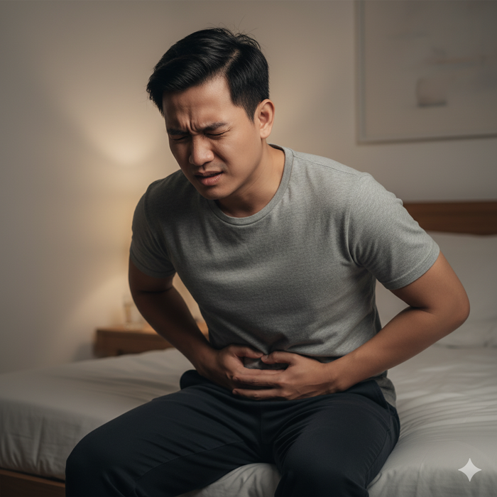 Người đàn ông bị đau bụng dữ dội sau khi ăn bún cá. Ảnh minh hoạ