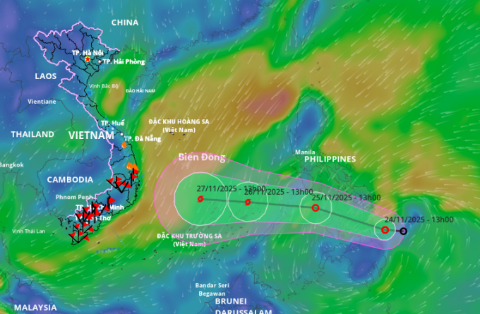 Dự báo hướng đi của áp thấp nhiệt đới, chiều 24/11. Ảnh: Hệ thống giám sát thiên tai